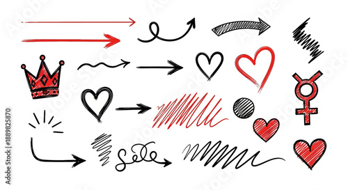 Hand-Drawn Arrows, Hearts, Crown, and Symbols Collection
