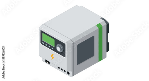 Isometric illustration of a gray and green electronic device with a digital display