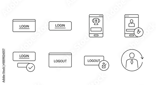 Minimalist user interface icons illustrating login, logout, and account management features