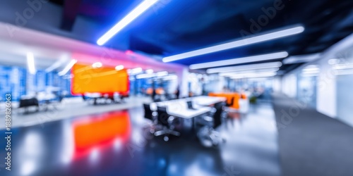 Wallpaper Mural Abstract Blurred Office Interior Background with Modern Coworking Space and Defocused Boardroom Featuring Blue and Violet Neon Lighting for Professional Business Use Torontodigital.ca