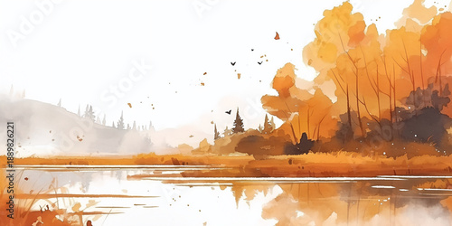 Watercolor illustration of an autumn landscape with a forest and lake. Tranquil fall scenery with orange trees and reflections in the water