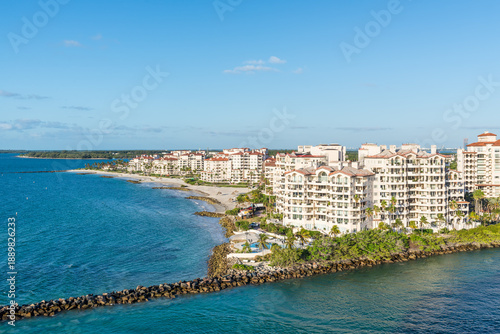 View of luxury oceanfront residential buildings from a cruise ship in Fisher Island, Miami, Florida, United States of America