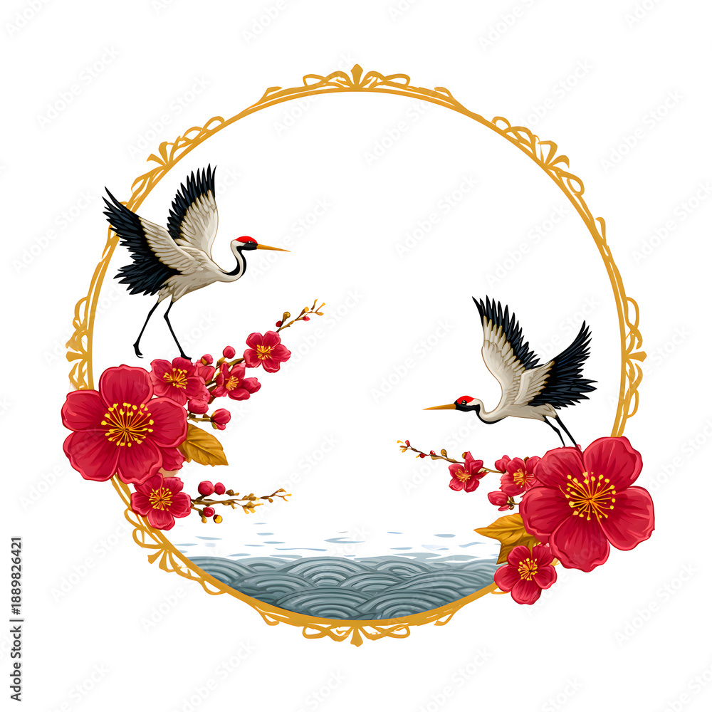 Fototapeta premium Graceful red crowned cranes and cherry plum blossoms within an elegant circular gold border