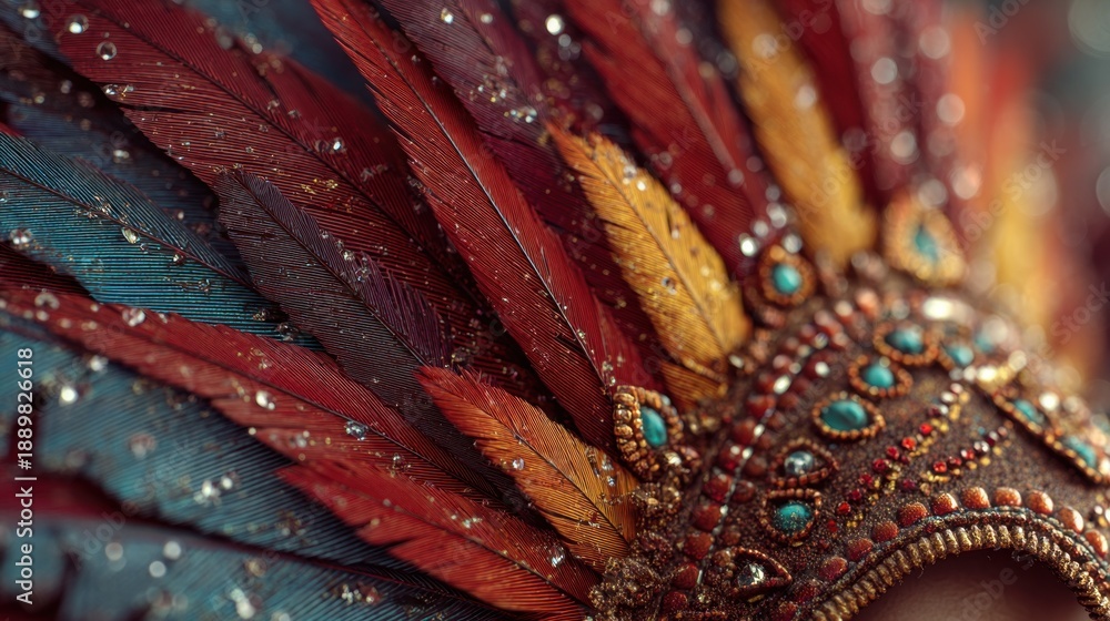 Fototapeta premium Macro Close-Up of Samba Headdress With Layered Feathers in Bright Colors and Detailed Beadwork During Samba Festival Preparation