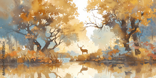 Watercolor illustration of a deer in an autumn forest. A stag silhouette stands by a river with its reflection in the water. Seasonal nature landscape