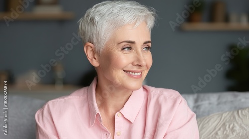 Wallpaper Mural Close-up portrait of elderly woman with silver hair smiling warmly at camera, sitting on sofa in front of modern living room background exuding kindness and comfort Torontodigital.ca
