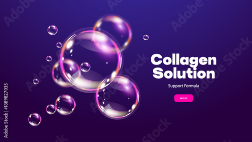 3D transparent liquid bubbles background. Cosmetic oil, collagen, essence. Skincare product concept. Skin care cosmetics solution. Realistic vector illustration