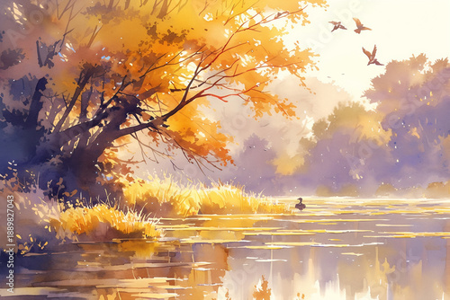 A watercolor illustration of an autumn landscape at golden hour. A tree with fall foliage by a lake with a swimming duck and flying birds. Serene seasonal nature painting