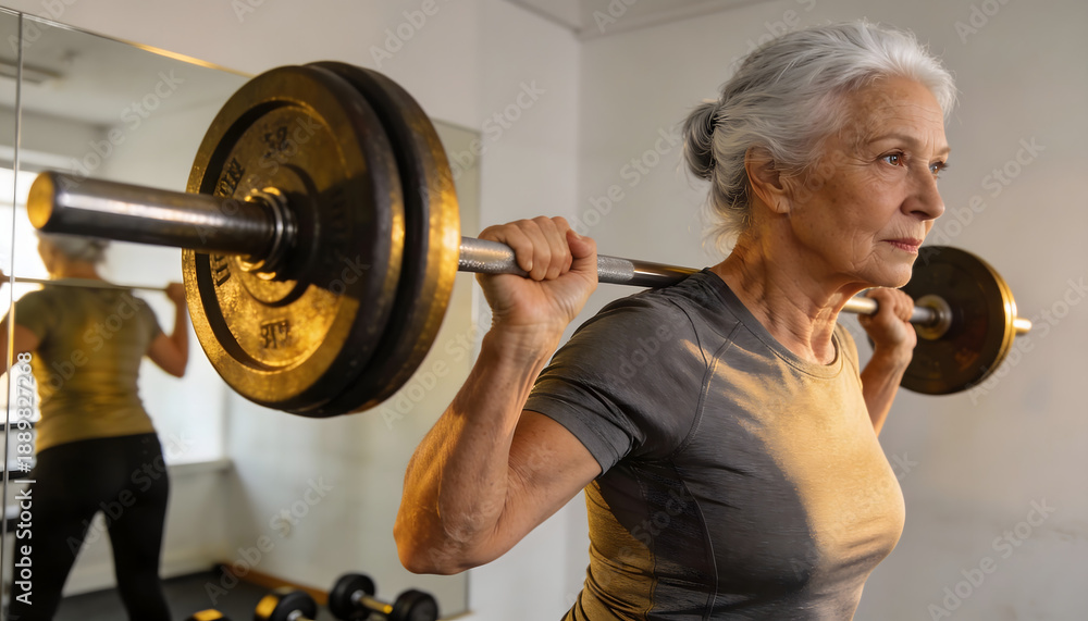 Fototapeta premium Active Senior Woman Lifts Heavy Barbell in Gym for Strength Training to Maintain Healthy Lifestyle & Independence and Promote Longevity and Mobility in Later Years