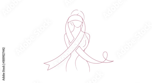 A minimalist pink ribbon design on a clean white background, symbolizing awareness and support for health causes with a simple line drawing style.