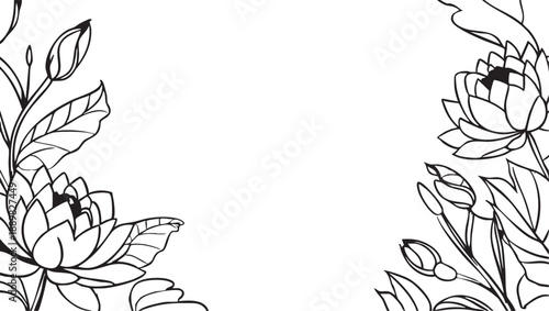 Lotus flower vector illustration: floral border design, black and white outline eps silhouette