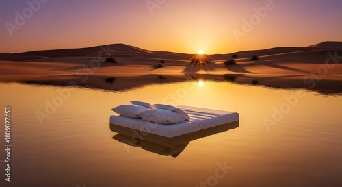 A tranquil scene of a white mattress with pillows floating on calm water reflecting a golden sunset over desert dunes