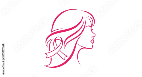 Pink line art illustration of a woman's head with a breast cancer awareness ribbon, on a white background with a simple and symbolic design.