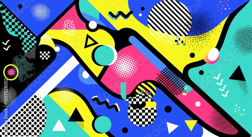 Dynamic abstract geometric composition in vibrant colors and retro design elements for backgrounds