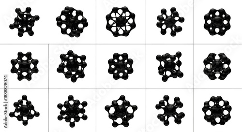 Collection of abstract black structures on a white background resembling complex molecules