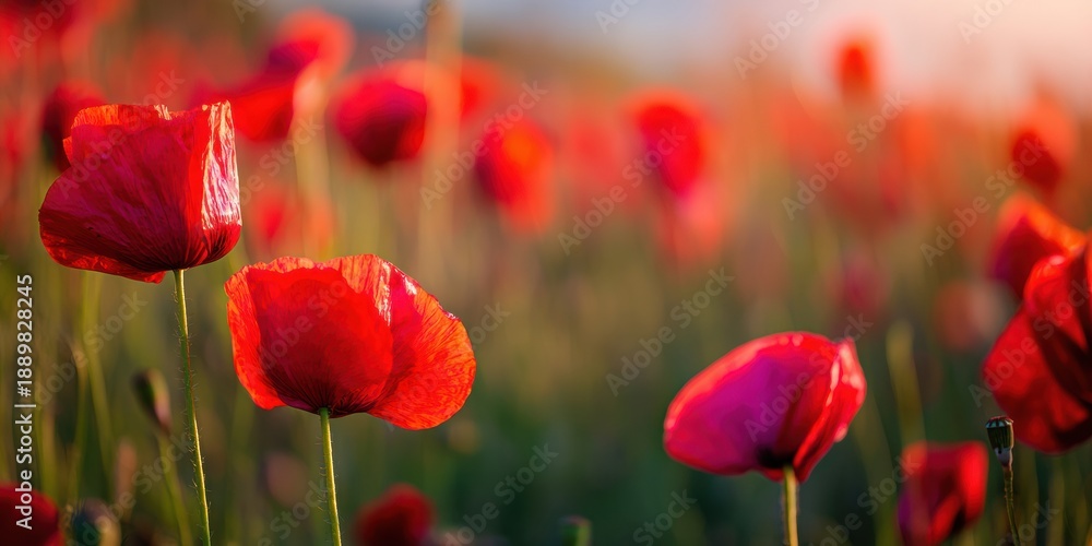 Obraz premium Red Blooming Poppies in Sunlight Field for Botanical Floral Design, Vibrant Wildflower Meadow at Sunset with Warm Bokeh Background for Greeting Cards and Wallpaper