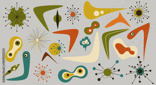 Mid-century inspired retro shapes and designs creating a groovy nostalgic pattern design