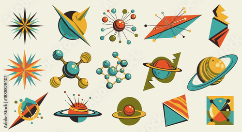 Retro styled celestial and scientific element collection offering a nostalgic visual experience