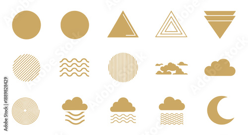 Elegant golden geometric and nature symbols in a minimalist style for creative designs