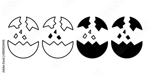 Black and White Broken Easter Egg Icons Set with Cracked Shell Shapes