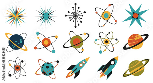 Whimsical atomic elements and celestial bodies creating a retro cosmic design pattern
