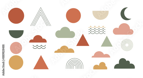 Geometric harmony with a touch of serenity, featuring circles, triangles and cloud formations