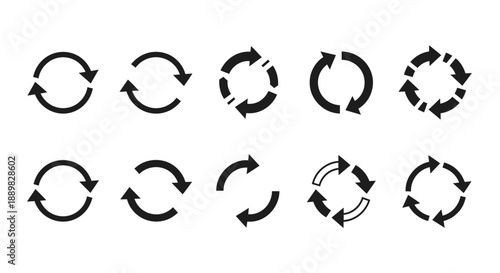 Collection of black silhouette circular arrows isolated on white background depicting processes