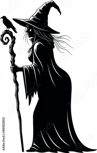 Witch with Staff and Raven Silhouette.