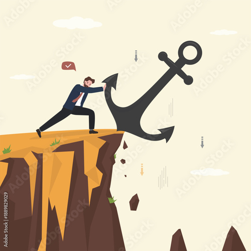 Unhappy man push and throw giant anchor into abyss. Unlink, strong businessman overcoming obstacles. The struggle and toil of business.