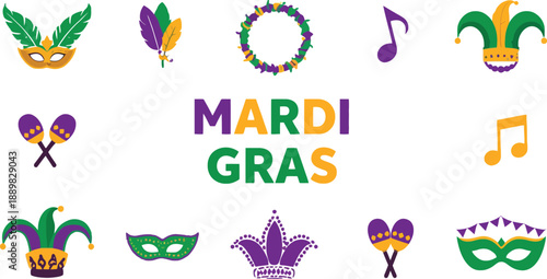 Mardi Gras celebration design with bold text and colorful festive icons in purple, green, and gold for party themes
