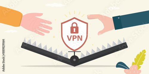 VPN service in animal trap, bait. Danger of using a VPN to protect personal data on smart gadget. Virtual private network. secure network connection and privacy protection