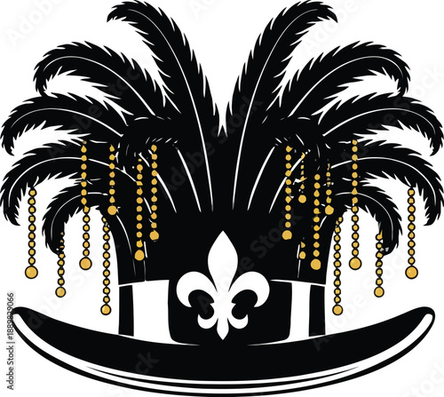 Ornate carnival hat with black feathers, gold beads, and fleur-de-lis symbol for festive and cultural celebration themes