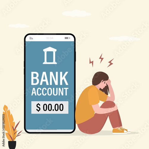 Empty bank account. Mobile banking app with zero balance. Unhappy woman, consumer bankrupt. Excessive spending led to bankruptcy, financial crisis. Lack of money,