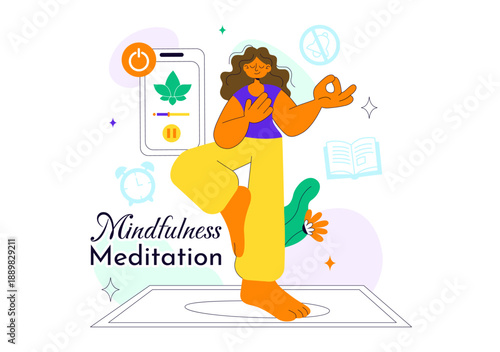 Mindfulness Meditation Practice Vector Illustration of a Person with Closed Eyes And Crossed Legs Relaxing In Yoga Lotus Posture on Flat Background