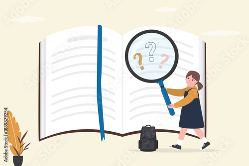 Cute kid reading workbook. Information search, new knowledge, imagination. Child development. Knowledge or education, research. Smart girl reads open book with magnifying glass