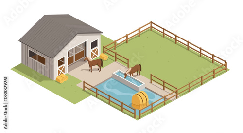 Cozy suburban house with fenced yard and pool in isometric illustration.