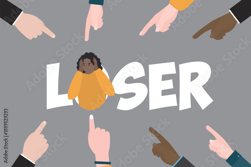 Loser sign, young upset businesswoman or student. Failure, mistake concept. Portrait of female character in giant letter. Various hands pointing on victim. Bullying, shaming