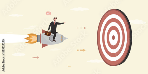 Confident businessman startup flying on fast rocket to giant target. Business concept, goals and aspirations. Ambitions entrepreneur want hitting target.