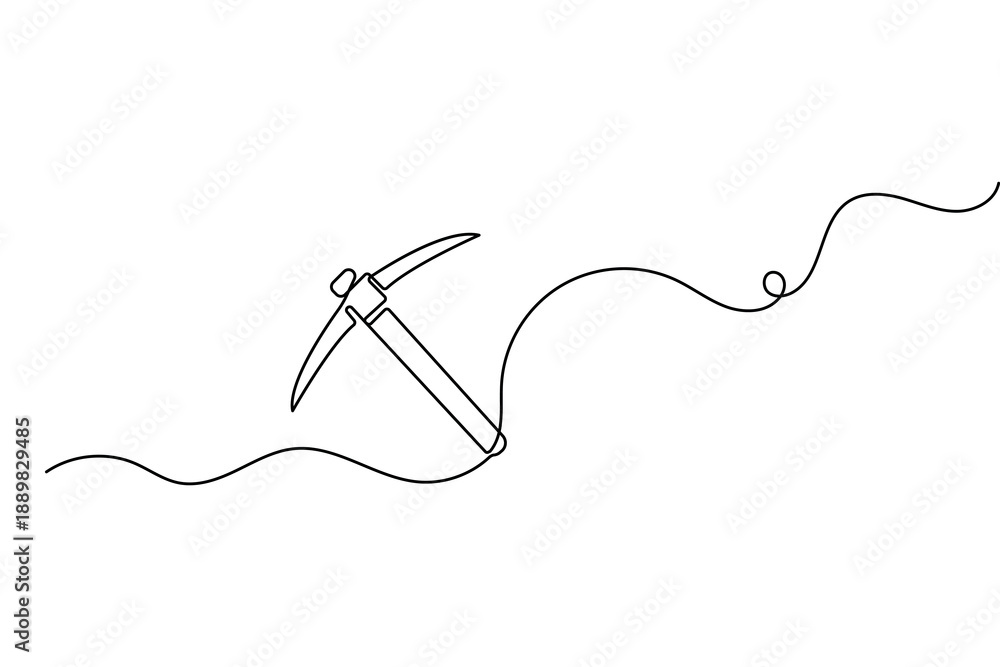 Obraz premium One line drawing of a pickaxe icon featuring minimalist style and isolated outline vector illustration