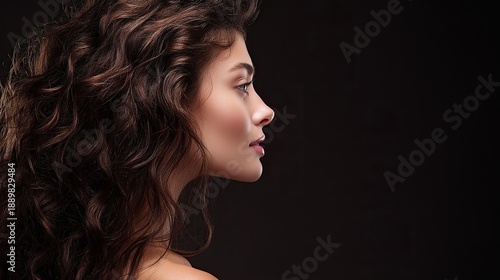 Beautiful woman with long wavy hair posing for camera against dark background, ideal hair salon concept banner design with copy space on right side in high resolution ultra-realistic style