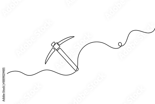 One line drawing of a pickaxe icon featuring minimalist style and isolated outline vector illustration