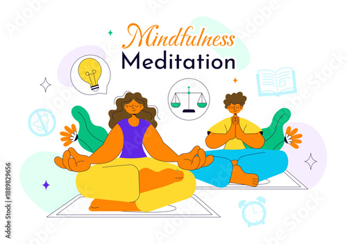 Mindfulness Meditation Practice Vector Illustration of a Person with Closed Eyes And Crossed Legs Relaxing In Yoga Lotus Posture on Flat Background