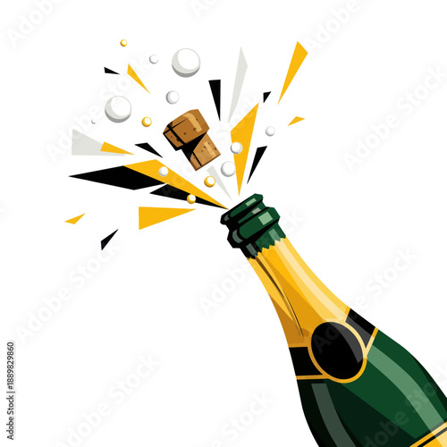 Champagne Bottle Popping Cork with Bubbles and Confetti