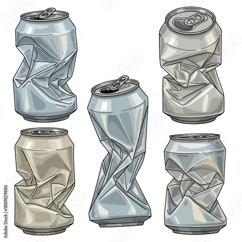 Crushed Aluminum Cans Set, Recyclable Metal Containers
