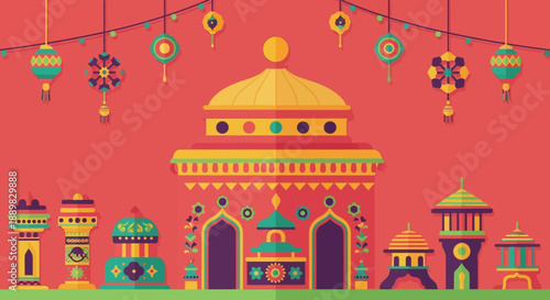 Vibrant Indian temple complex with colorful domed structures and lantern decorations during a festive display.