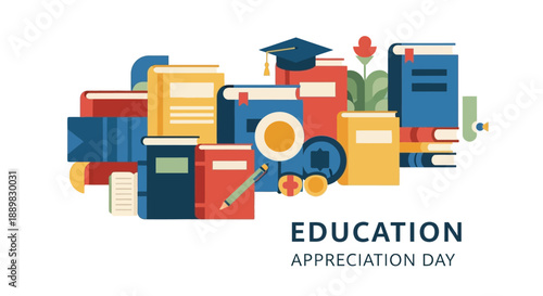 Colorful Education Themed Books, Graduation Cap, and Diploma Collection Illustration.