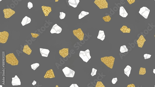 Monochrome Gray and Gold Terrazzo Style Pattern with White Chips on Dark Background.