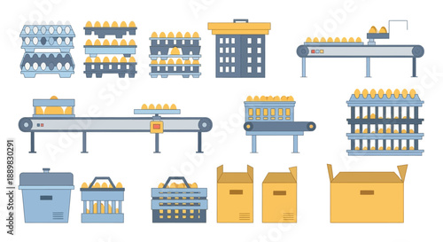 Industrial factory scene with conveyors, crates, boxes, and shelving in a manufacturing plant.