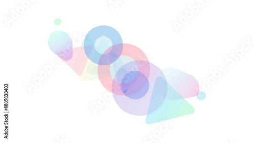 Abstract composition of colorful translucent circles and triangles with layered geometric shapes.