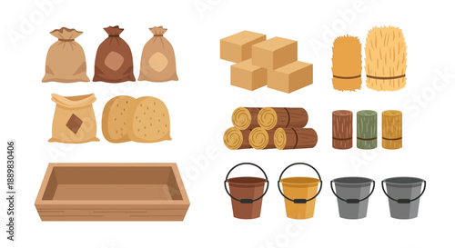 Assorted bakery and grain products including sacks, bread, baguettes, buns, and cookies.